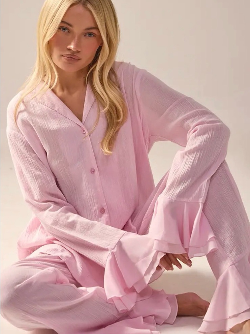 PrettyLittleThing Light Pink Ruffle Cuff Pajama Set